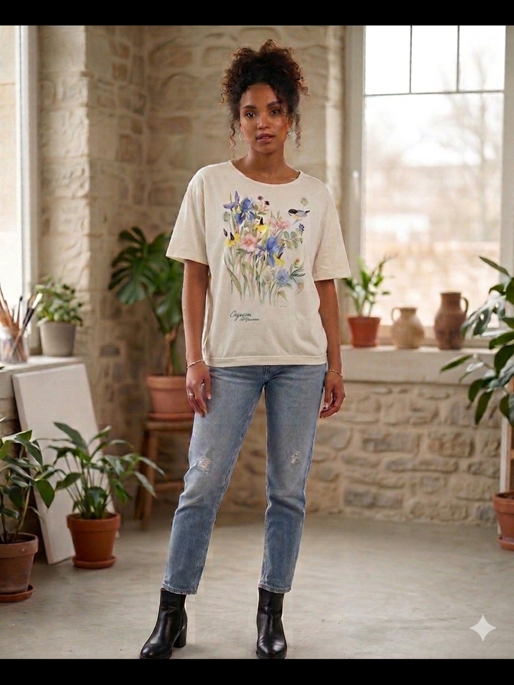 ​Vintage Dolphin Shirt Co. Cayucos California Floral & Chickadee Graphic Tee Lg